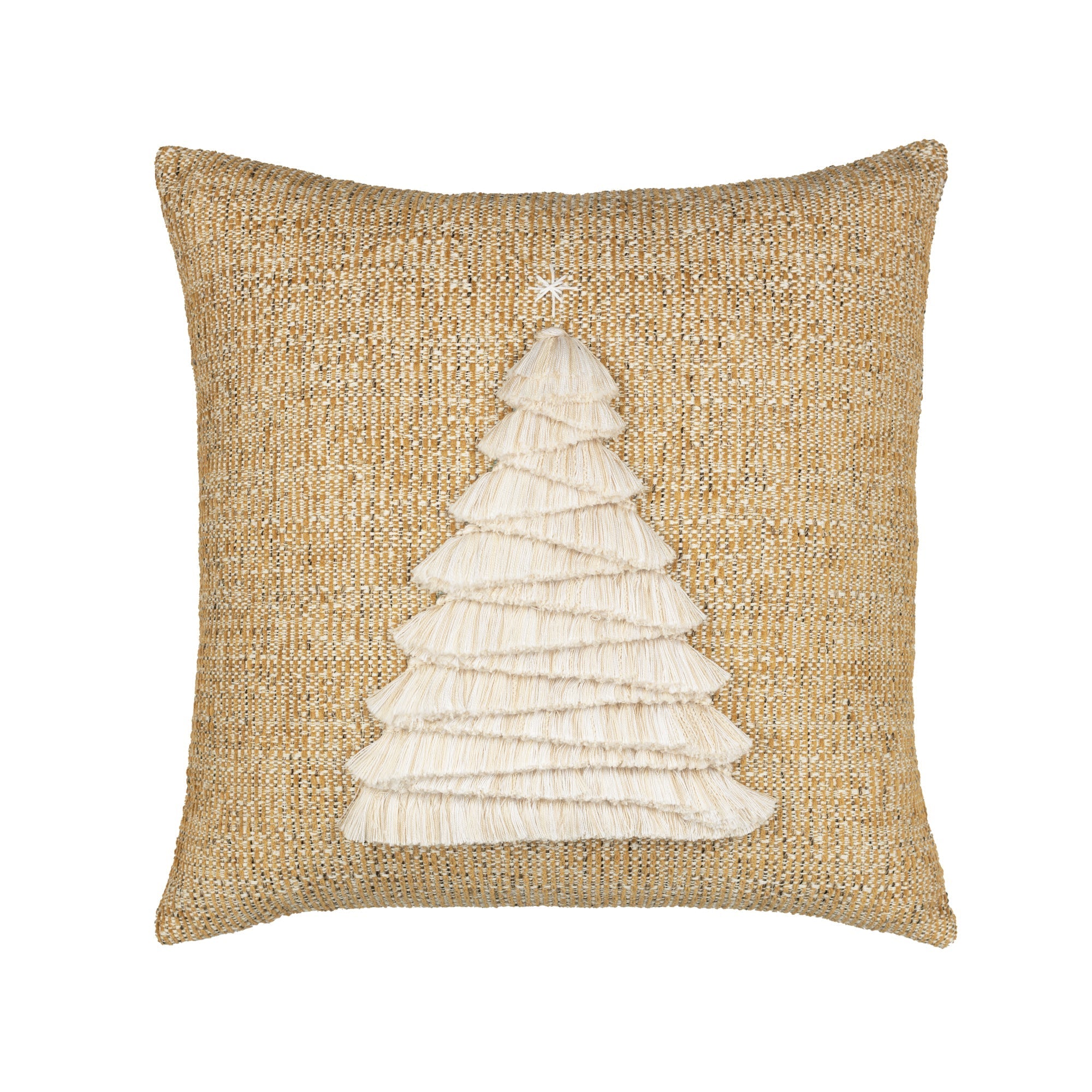 Gold textured outdoor pillow with holiday tree motif square size for seasonal patio decor by Elaine Smith