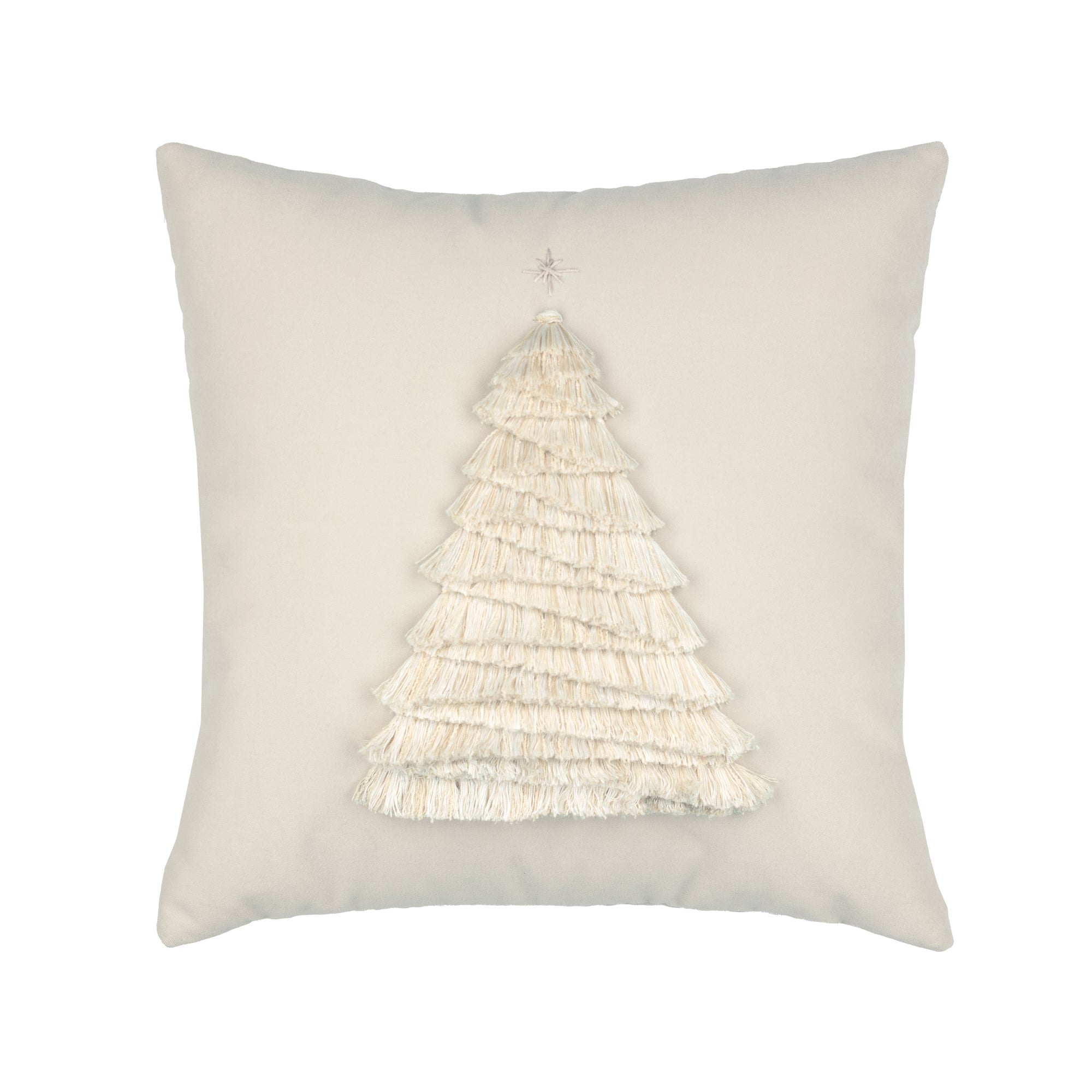 Ivory outdoor pillow with holiday tree motif square size for decorative holiday patio decor