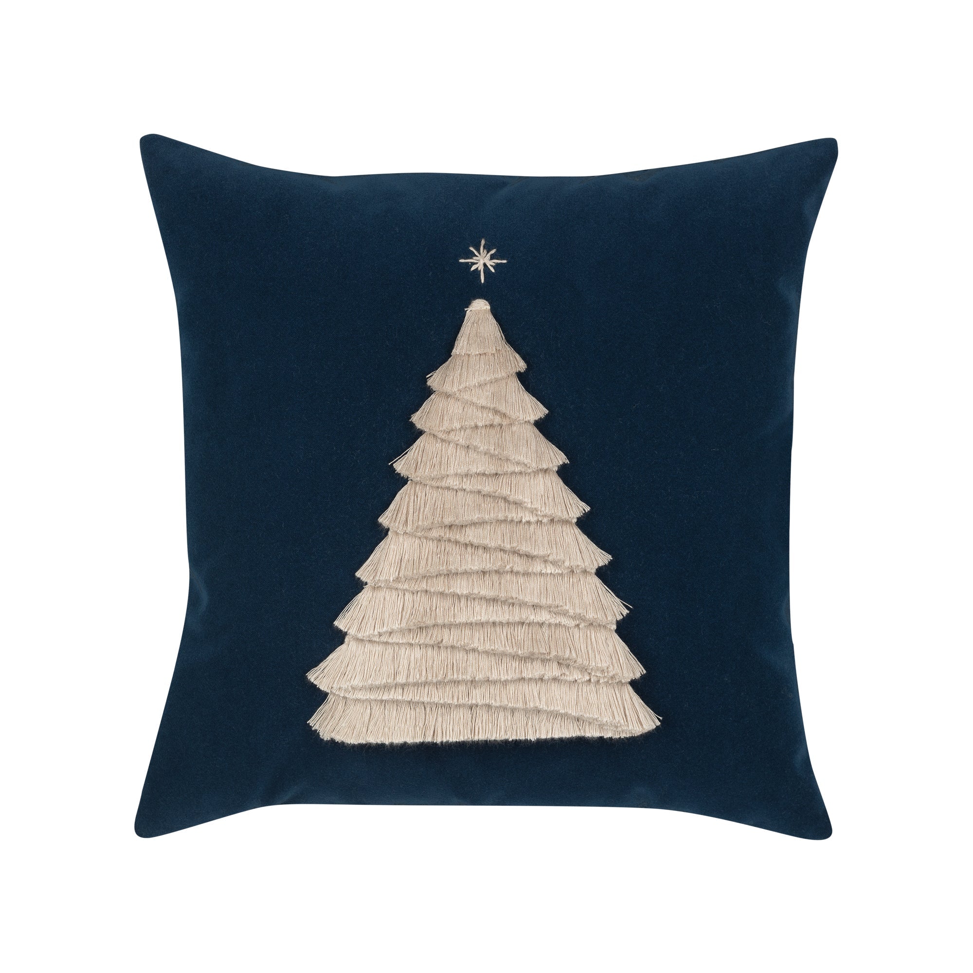 Navy outdoor pillow with holiday tree motif square size for festive patio decor