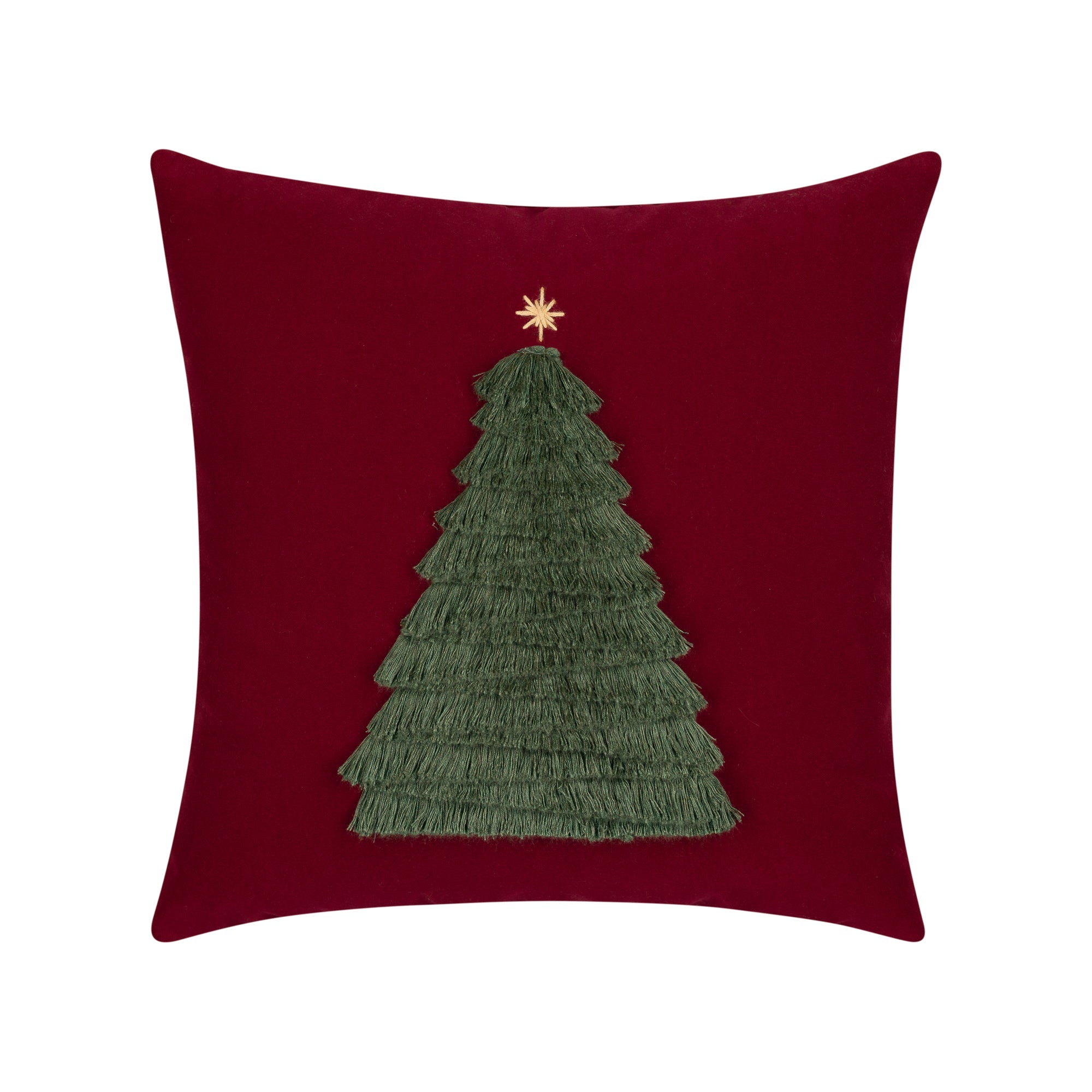 Ruby velvet outdoor pillow with holiday tree motif square size for seasonal patio decor by Elaine Smith