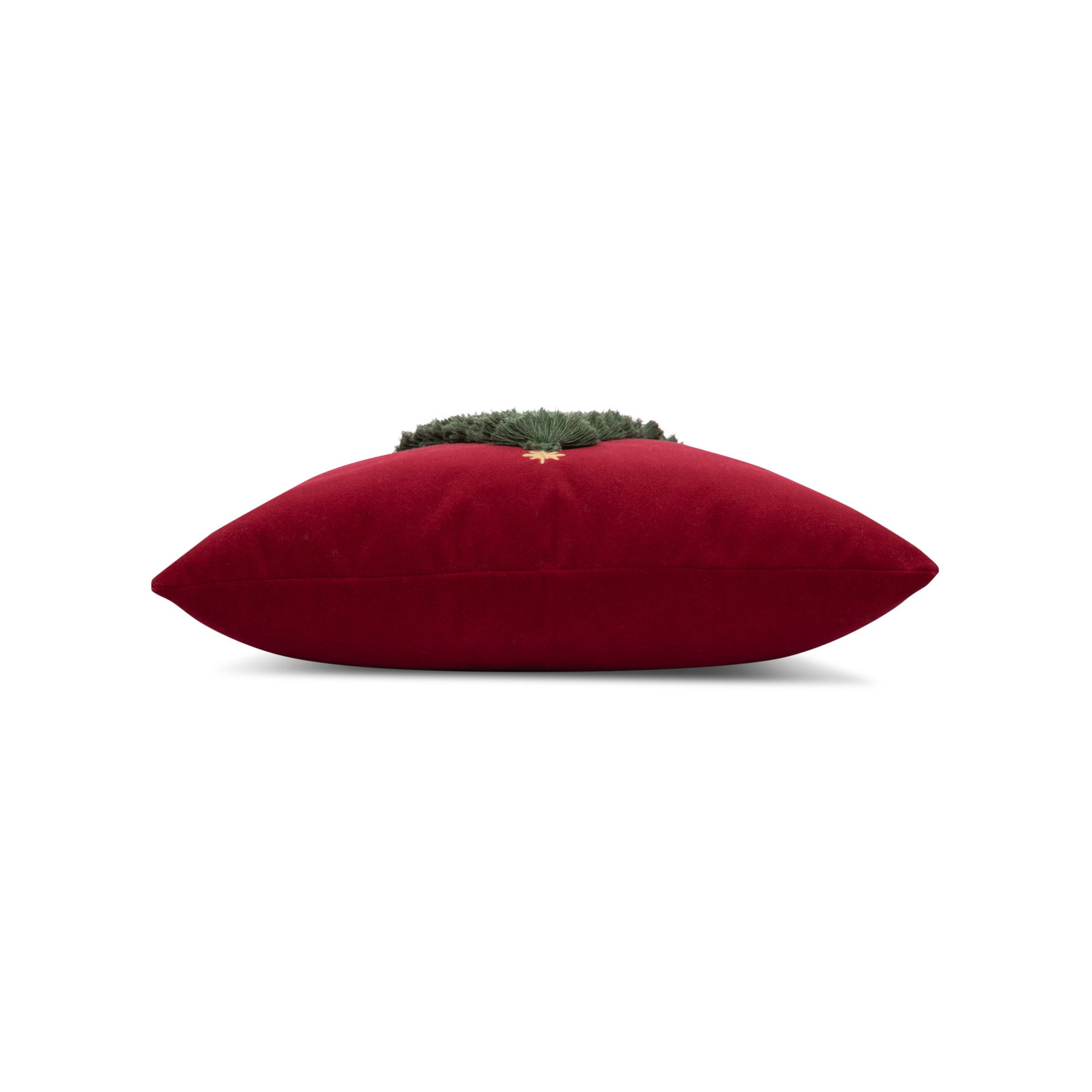 Side image of Ruby velvet outdoor pillow with holiday tree motif square size for seasonal patio decor by Elaine Smith