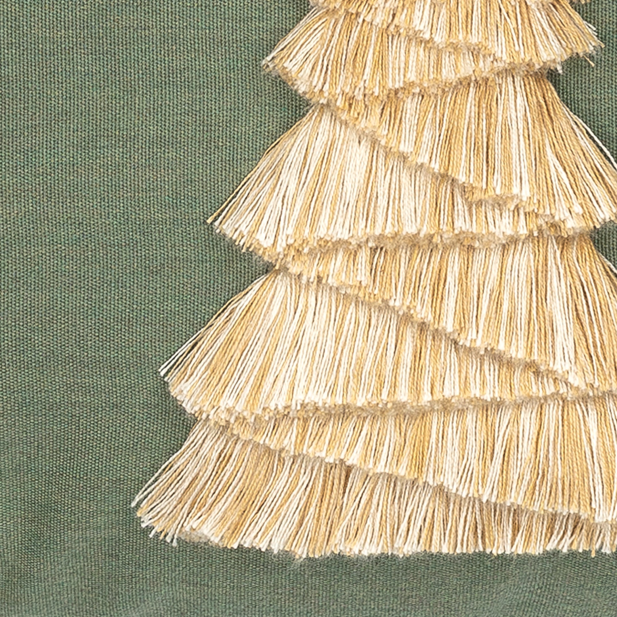 Detail image of Green outdoor pillow with holiday tree motif lumbar size for festive patio decor