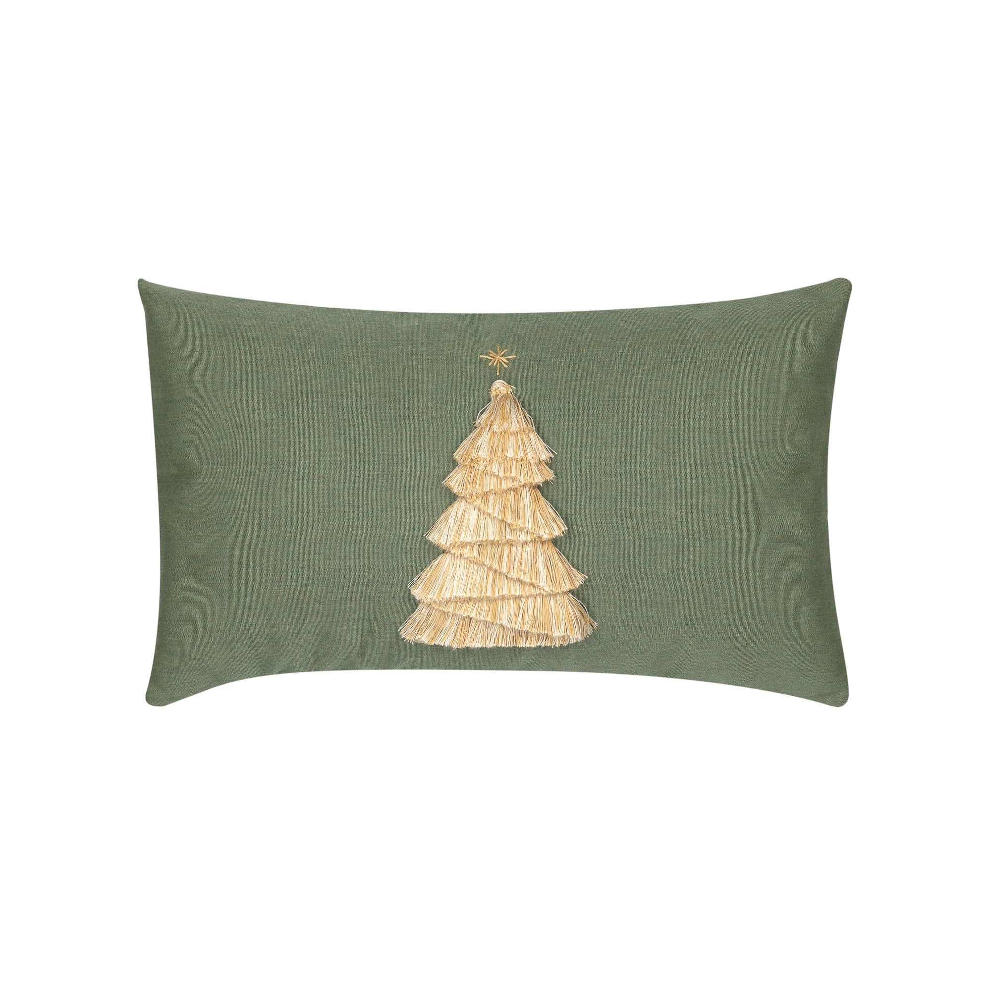Green outdoor pillow with holiday tree motif lumbar size for festive patio decor