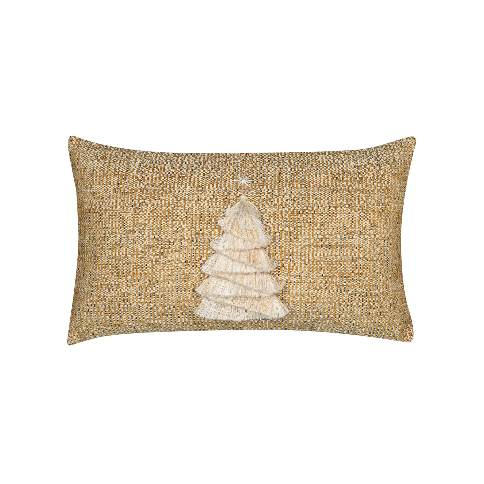 Gold textured outdoor pillow with holiday tree motif lumbar size for seasonal patio decor by Elaine Smith
