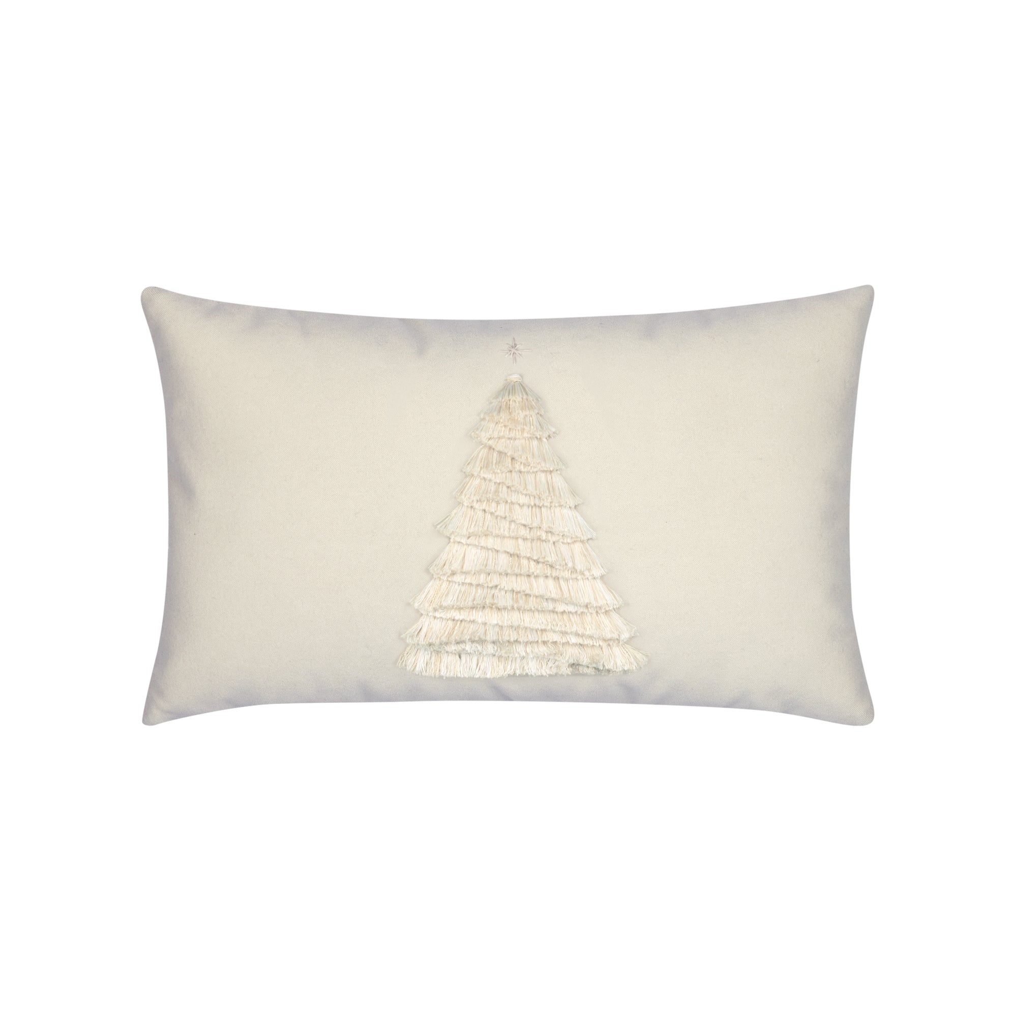 Ivory outdoor pillow with holiday tree motif lumbar size for elegant holiday patio decor