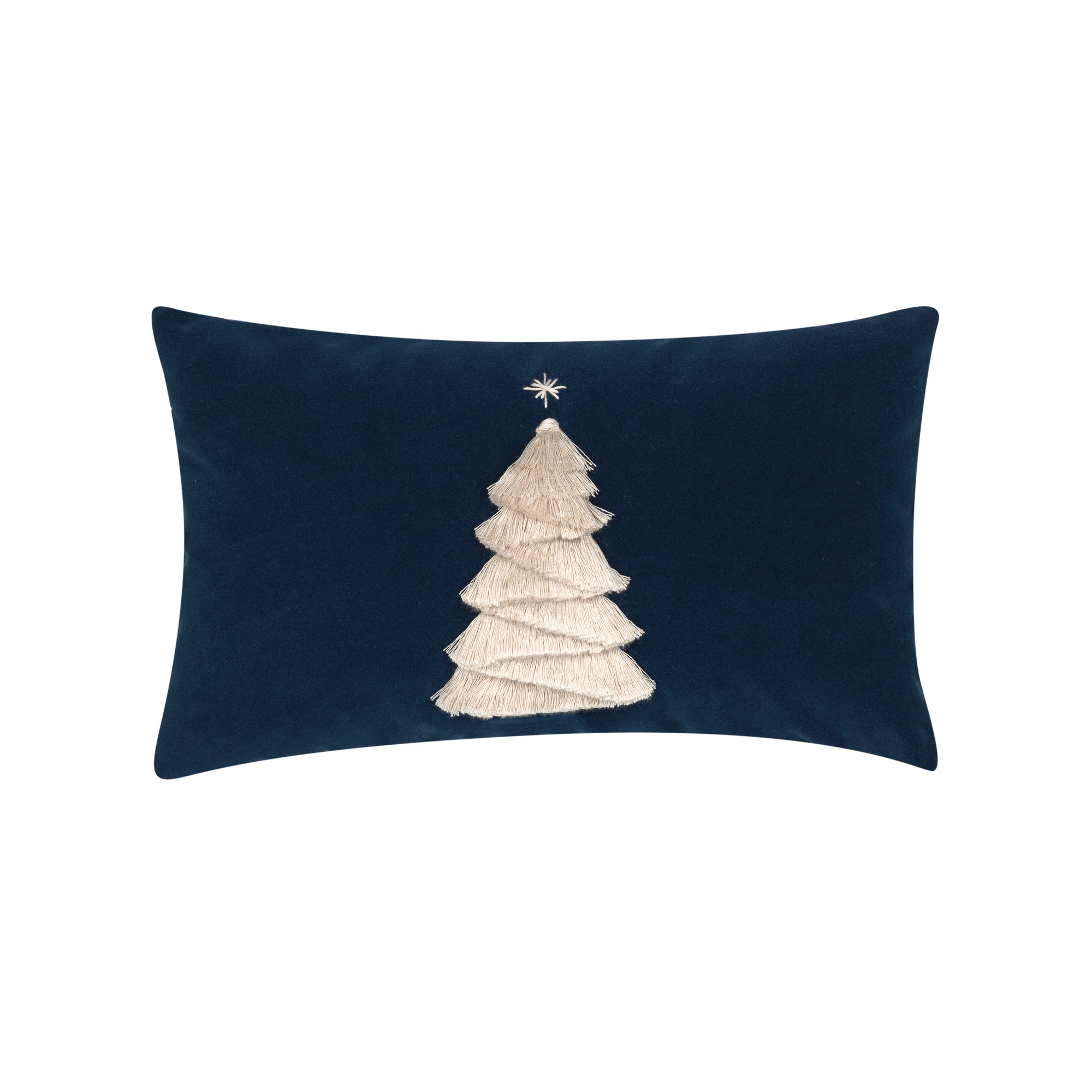 Navy outdoor pillow with holiday tree motif lumbar size for festive patio decor