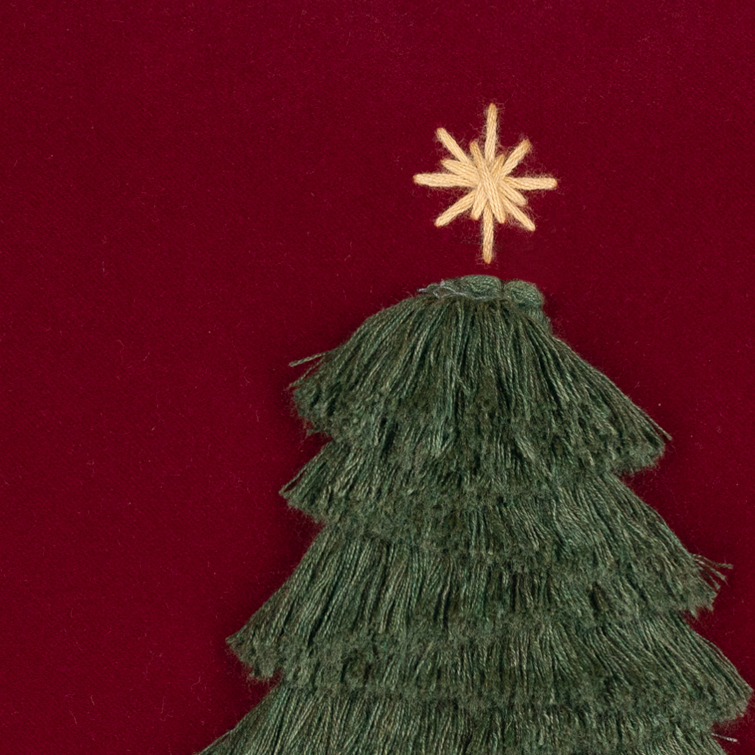Detail image of Ruby Velvet outdoor pillow with holiday tree motif lumbar size for seasonal patio decor by Elaine Smith