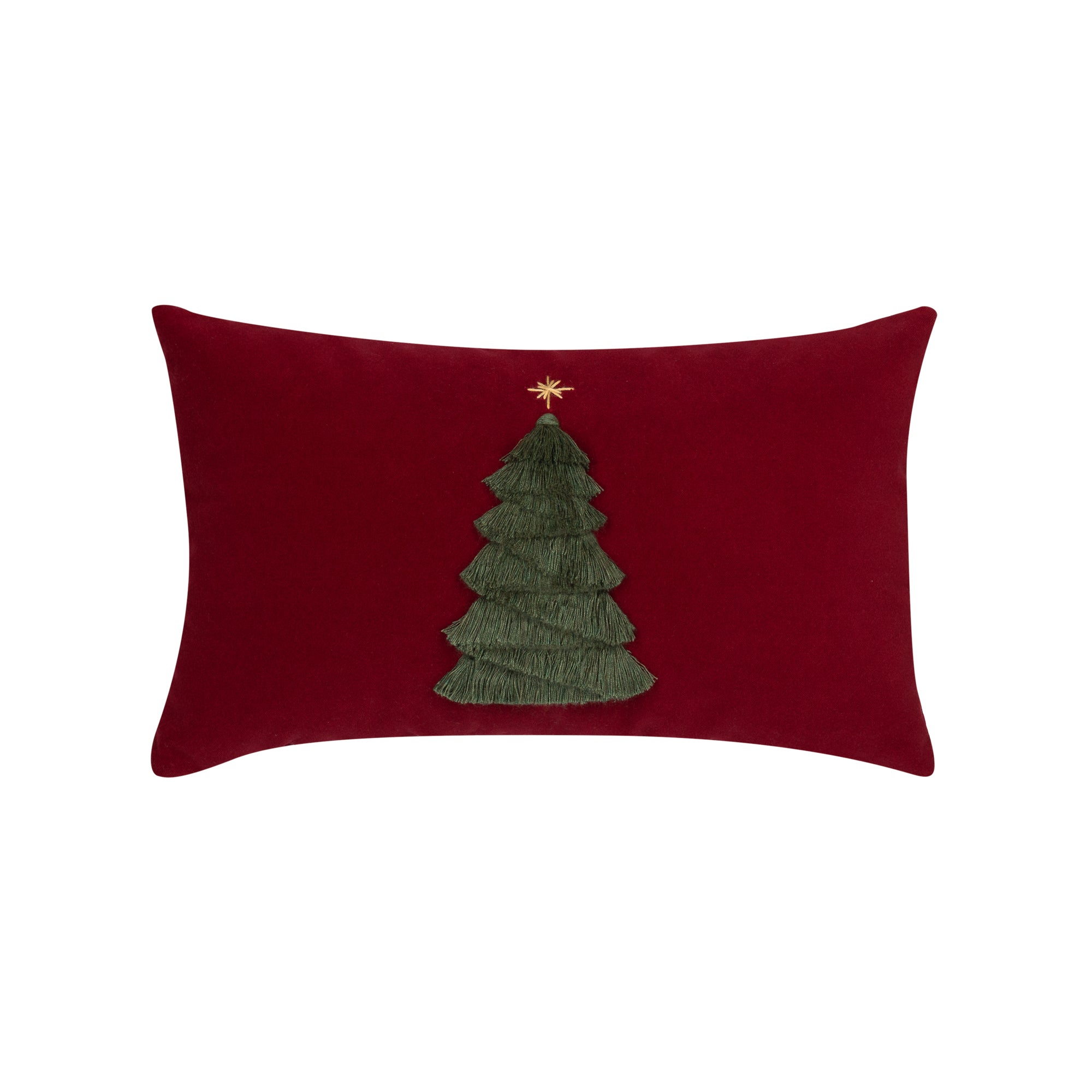 Ruby Velvet outdoor pillow with holiday tree motif lumbar size for seasonal patio decor by Elaine Smith