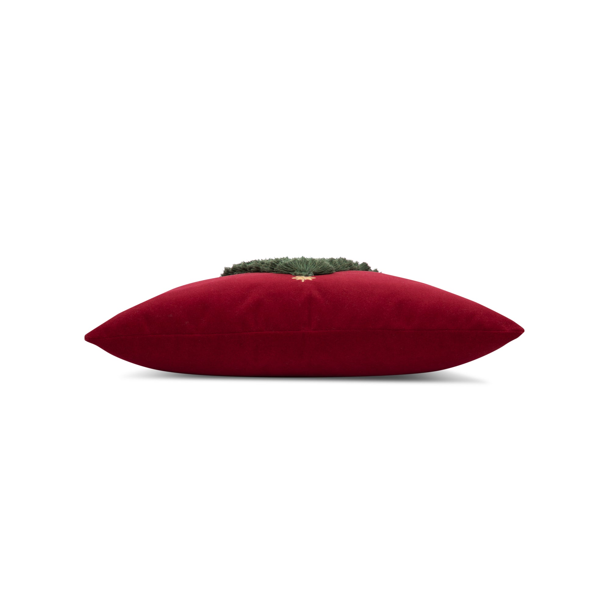 Side image of Ruby Velvet outdoor pillow with holiday tree motif lumbar size for seasonal patio decor by Elaine Smith