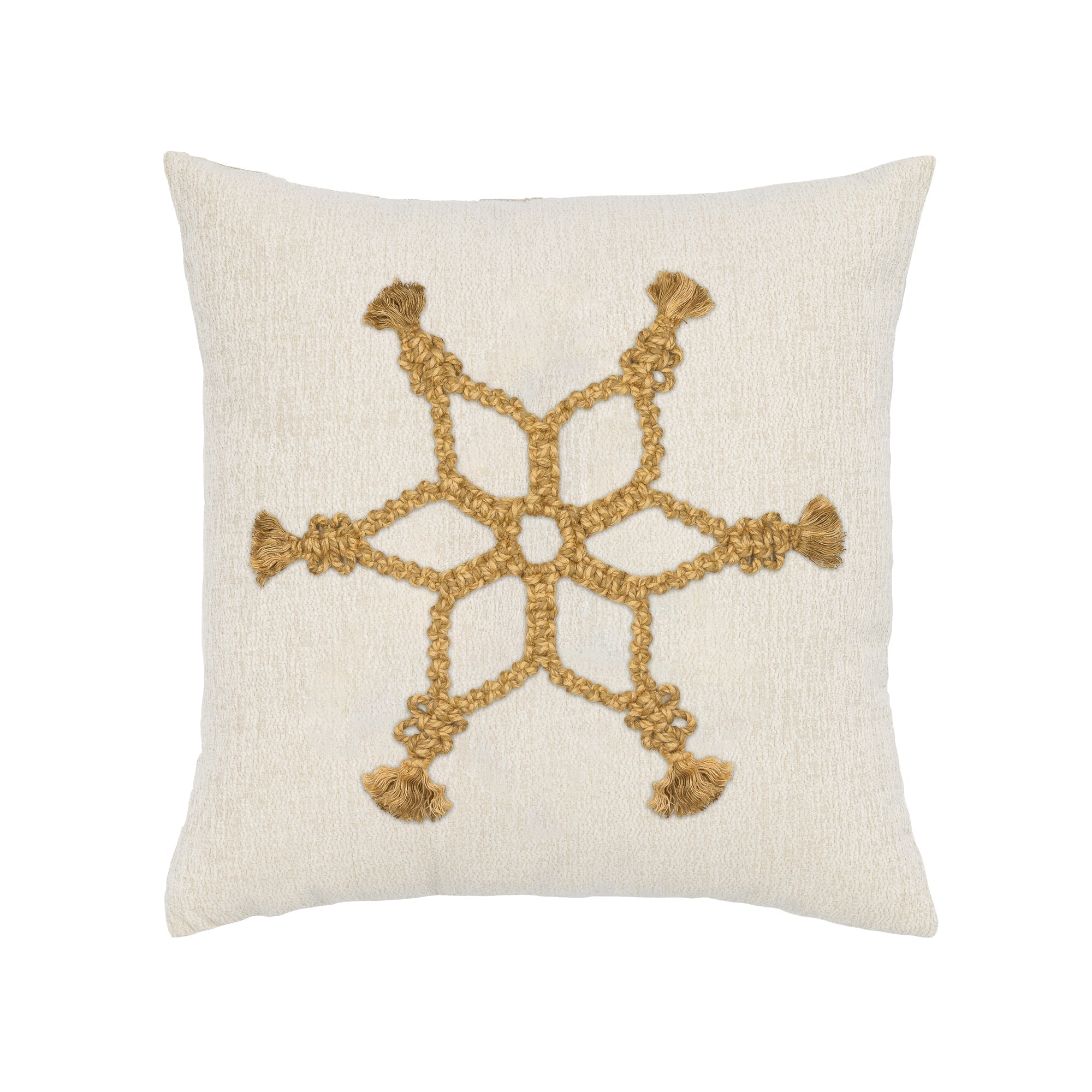 Ivory and gold snowflake motif pillow square size for seasonal indoor and outdoor decor by Elaine Smith