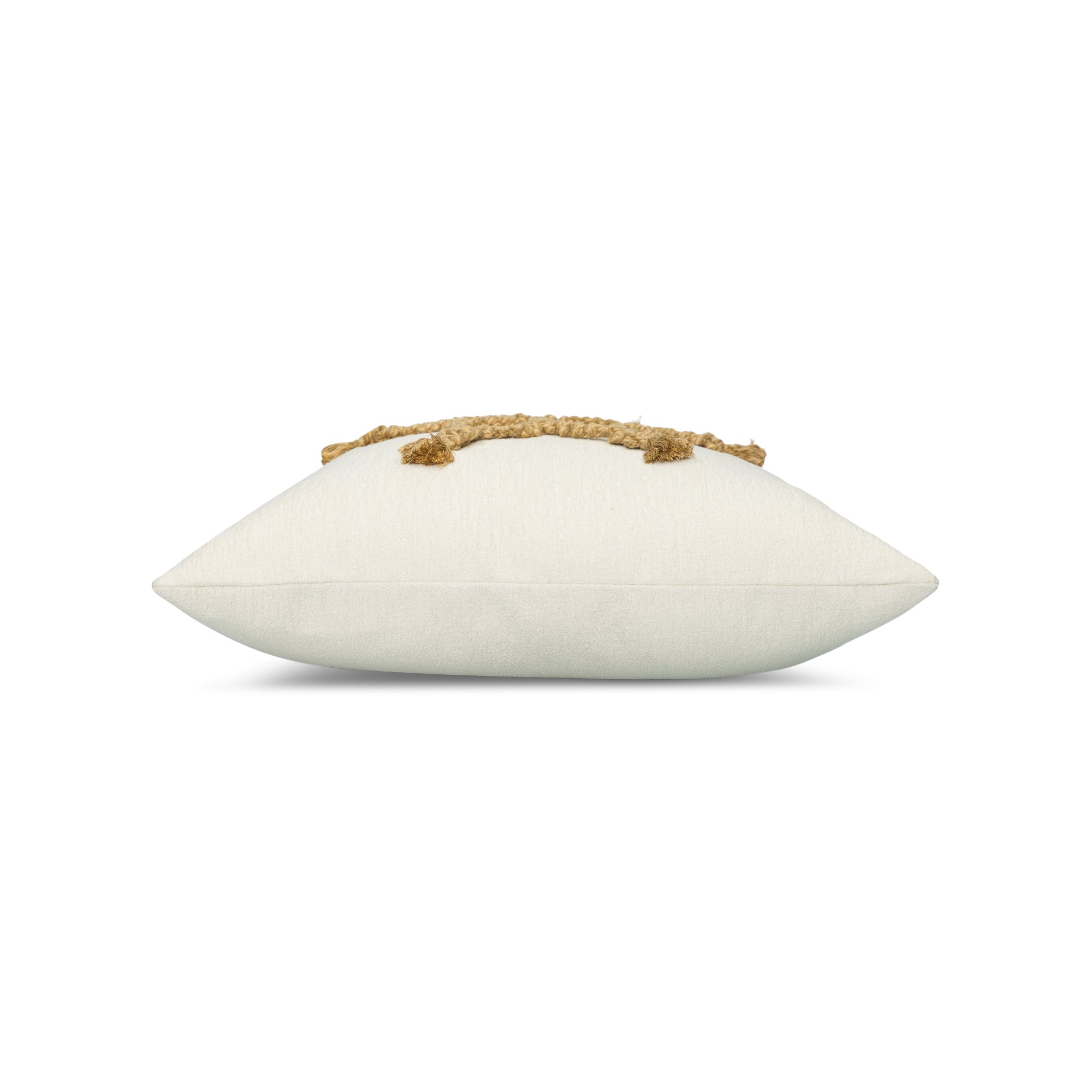 Side image of Ivory and gold snowflake motif pillow square size for seasonal indoor and outdoor decor by Elaine Smith