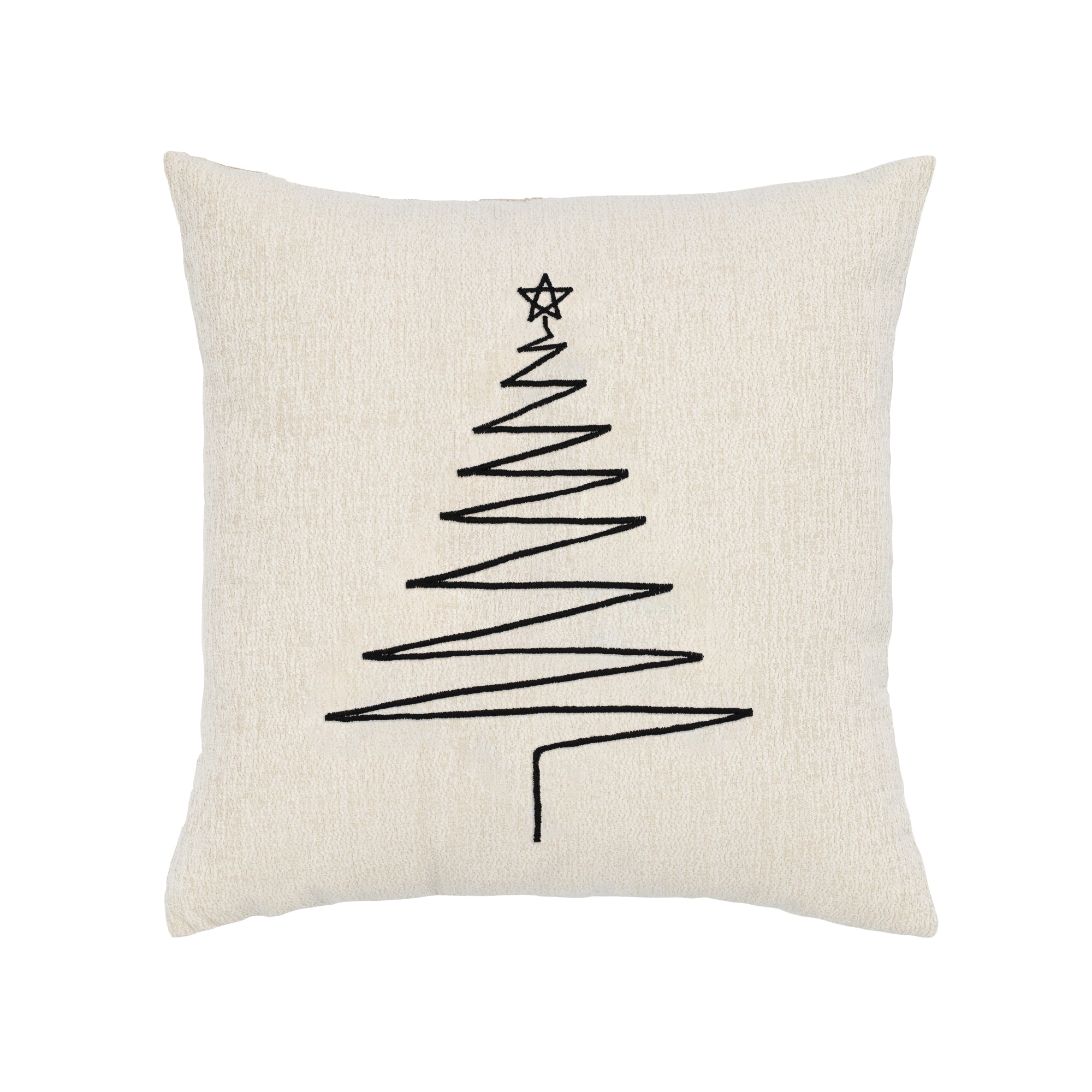 Black stitched tree motif on textured ivory ground pillow square size for festive indoor and outdoor decor